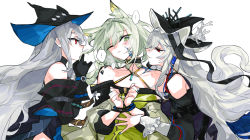 Rule 34 | ..., 3girls, animal ear fluff, animal ears, arknights, bare shoulders, bite mark, black gloves, black headwear, blonde hair, blue headwear, blue nails, blush, bound, bound wrists, cat ears, closed mouth, collarbone, commentary request, coral, detached sleeves, dress, gloves, green dress, green eyes, hat, kal&#039;tsit (arknights), kissing hair, long hair, long sleeves, looking at another, material growth, multiple girls, nail polish, open mouth, oripathy lesion (arknights), red eyes, rekka, skadi (arknights), smile, specter (arknights), specter the unchained (arknights), spoken ellipsis, two-tone headwear, upper body, very long hair, white background, white hair, yuri