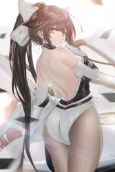 Rule 34 | 1girl, ass, azur lane, backless outfit, black hair, bow, brown eyes, brown pantyhose, commentary request, cowboy shot, from behind, hair flaps, highres, long hair, looking at viewer, pantyhose, ponytail, race queen, rosie99, solo, takao (azur lane), takao (full throttle charmer) (azur lane), two-tone leotard, white bow
