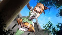 Rule 34 | 1girl, bow, building, detached sleeves, dress, dutch angle, earrings, female focus, green eyes, green thighhighs, growlanser, growlanser iv, growlanser iv: over reloaded, hair bow, hand on own chest, jewelry, leaf, orange hair, outdoors, short hair, sky, solo, standing, thighhighs, tree, tricia (growlanser), urushihara satoshi, zettai ryouiki
