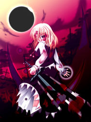 Rule 34 | 1girl, bad id, bad pixiv id, blonde hair, blood, eclipse, embodiment of scarlet devil, ex-rumia, female focus, nekoman (artist), red eyes, rumia, short hair, solar eclipse, solo, sword, touhou, weapon