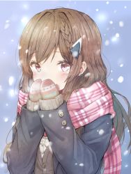 Rule 34 | 1girl, black jacket, blazer, blue background, blush, braid, brown hair, ciawasemono, cocoa music, cold, commentary request, covering own mouth, doumyouji cocoa, enpera, hair ornament, jacket, long hair, long sleeves, looking at viewer, mittens, open clothes, open jacket, own hands together, pink scarf, plaid, plaid scarf, purple eyes, red mittens, scarf, school uniform, sleeves past wrists, snowing, solo, upper body, virtual youtuber