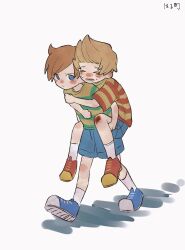 Rule 34 | 2boys, absurdres, blonde hair, blue eyes, blue shorts, brothers, brown hair, carrying, carrying person, claus (mother 3), haru-cho, highres, lucas (mother 3), male focus, mother (game), mother 3, multiple boys, nintendo, piggyback, shirt, shorts, siblings, socks, striped clothes, striped shirt