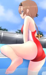 Rule 34 | 1girl, absurdres, ass, back, black headband, braid, breasts, clothes writing, competition swimsuit, day, fence, grey eyes, hachimaki, hair ornament, hairband, headband, highleg, highleg swimsuit, highres, kantai collection, light brown hair, long hair, looking away, nokonoko, one-piece swimsuit, outdoors, partially submerged, pool, poolside, propeller hair ornament, red one-piece swimsuit, solo, swimsuit, teruzuki (kancolle), twin braids, water, wet, wet clothes, wet swimsuit