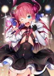 Rule 34 | 10s, 1girl, ;d, aozora nan, armpits, backlighting, black dress, blue eyes, blurry, blurry background, curled horns, detached sleeves, dress, elizabeth bathory (fate), elizabeth bathory (fate/extra ccc), elizabeth bathory (first ascension) (fate), fate/extra, fate/extra ccc, fate (series), flat chest, glint, hand on own cheek, hand on own face, hand up, head tilt, heart, highres, holding, holding microphone, horns, long hair, long sleeves, looking at viewer, microphone, one eye closed, open mouth, pink hair, pinky out, pointy ears, round teeth, sleeves past wrists, smile, tail, teeth, thigh gap, thighs, very long hair, wrist cuffs