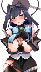 Rule 34 | 1girl, absurdres, black gloves, black thighhighs, blue bow, blue eyes, blue gemstone, blue hair, blurry, blush, bow, bow earrings, bowtie, breasts, breasts out, chain, chain headband, clock, clothes lift, commentary, cowboy shot, depth of field, detached sleeves, earrings, english commentary, eyelashes, furrowed brow, gem, gloves, hair between eyes, hair intakes, head chain, headpiece, heart-shaped gem, highres, hololive, hololive english, inverted nipples, jewelry, knbd, large breasts, lifted by self, looking at viewer, miniskirt, mixed-language commentary, nipples, open mouth, ouro kronii, ouro kronii (1st costume), paizuri invitation, short hair, simple background, skirt, smile, solo, spread cleavage, steaming body, striped clothes, striped skirt, sweat, thighhighs, turtleneck, v, vertical-striped clothes, vertical-striped skirt, virtual youtuber, white background, zipper