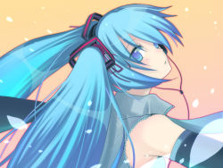 Rule 34 | 1girl, aqua hair, bad id, bad pixiv id, blue eyes, detached sleeves, earbuds, earphones, harano, hatsune miku, long hair, solo, twintails, upper body, vocaloid