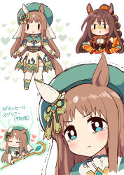 Rule 34 | 2girls, animal ears, blush, blush stickers, breasts, brown hair, chibi, cleavage, commentary request, domino mask, ear covers, ear ornament, el condor pasa (kukulkan monk) (umamusume), el condor pasa (umamusume), grass wonder (saint jade healer) (umamusume), grass wonder (umamusume), hand on own hip, hat, heart, highres, holding, holding staff, horse ears, horse girl, horse tail, large breasts, long hair, mask, multiple girls, multiple views, official alternate costume, ponytail, pout, simoyuki, simple background, single ear cover, staff, tail, tearing up, translation request, umamusume, very long hair, white background, | |