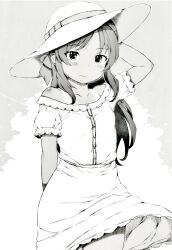 Rule 34 | 1girl, blush, closed mouth, cloud, commentary request, day, dress, greyscale, hat, highres, idolmaster, idolmaster cinderella girls, itano chiharu, long hair, looking at viewer, monochrome, outdoors, short sleeves, sky, solo, tachibana arisu, tan, tanline, thighs, translation request