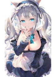 Rule 34 | 1girl, absurdres, animal ears, blue eyes, blush, bow, breasts, cat ears, cleavage, dress, earrings, facial mark, fake animal ears, fingernails, frills, grey hair, hand up, highres, jewelry, large breasts, leaning forward, long hair, long sleeves, looking at viewer, maid, maid headdress, nail polish, original, parted lips, puffy sleeves, rin yuu, scan, simple background, sleeves past wrists, solo, twintails, white background