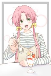Rule 34 | 1girl, alternate costume, andanden, aria (manga), bow, green eyes, hair bow, highres, holding, long sleeves, looking at viewer, mizunashi akari, open mouth, overalls, parfait, parted bangs, pink hair, shirt, short hair with long locks, sitting, solo, spoon, striped clothes, striped shirt, teeth, upper body, upper teeth only, yellow bow
