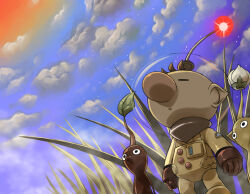 Rule 34 | 1boy, big nose, black eyes, blue sky, brown hair, bud, buttons, closed eyes, cloud, colored skin, commentary request, fog, foot out of frame, gloves, grass, helmet, leaf, looking ahead, looking up, naru (wish field), nintendo, no mouth, olimar, outdoors, parted lips, patch, pikmin (creature), pikmin (series), pointy ears, pointy nose, radio antenna, red gloves, red light, red pikmin, red skin, short hair, sky, space helmet, spacesuit, star (sky), sun, very short hair, yellow pikmin, yellow skin