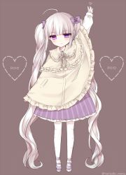 Rule 34 | 1girl, absurdly long hair, ahoge, arm up, bad id, bad pixiv id, blush, brown background, character name, full body, hair ribbon, heart, heterochromia, long hair, looking at viewer, mary janes, original, pantyhose, purple eyes, purple ribbon, ribbon, shoes, simple background, sleeves past wrists, solo, tsukikage nemu, twintails, twitter username, very long hair, white hair, white pantyhose