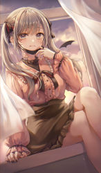 Rule 34 | 1girl, absurdres, bandaid, black nails, black skirt, blush, ear piercing, earrings, frilled shirt, frills, grey eyes, grey hair, hair ribbon, hatsune miku, highres, huge filesize, indoors, jewelry, legs, long hair, long sleeves, looking at viewer, mask, unworn mask, nail polish, piercing, pink shirt, ribbon, shirt, sidelocks, sitting, skirt, solo, starlime, stud earrings, sunset, tongue, tongue out, twintails, vocaloid, window