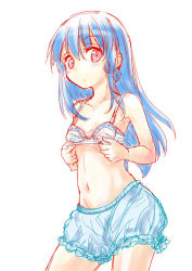 Rule 34 | 1girl, :/, armpit crease, armpits, bare arms, bare legs, bare shoulders, bloomers, blue hair, blush, bra, bra lift, closed mouth, collarbone visible through hair, commentary request, contrapposto, cowboy shot, dot nose, expressionless, groin, hinanawi tenshi, hip focus, lifted by self, light blue hair, long hair, looking at viewer, naegi (naegidokoro), navel, pale color, petite, red eyes, ribs, simple background, sketch, solo, straight hair, touhou, underwear, underwear only, white background