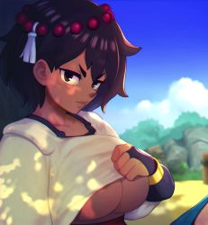 Rule 34 | 1girl, ajna (indivisible), animated, black hair, blush, breasts, breasts out, brown eyes, clothes lift, cloud, dark-skinned female, dark nipples, dark skin, embarrassed, female focus, flashing, highres, indivisible, large areolae, large breasts, looking at viewer, nervous, nipples, no bra, outdoors, puffy nipples, shirt lift, short hair, sky, solo, tsurime, underboob, undressing, unknown showhey, video