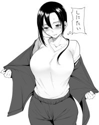 Rule 34 | 1girl, blush, breasts, cowboy shot, demi-chan wa kataritai, embarrassed, greyscale, gym uniform, hair between eyes, huge breasts, jacket, long hair, monochrome, pants, parted lips, ponytail, satou sakie, shirt, short sleeves, simple background, solo, standing, sweat, thought bubble, tomohiro kai, translated, undressing, white background