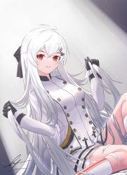 Rule 34 | 1girl, artist name, black gloves, blush, breasts, closed mouth, girls&#039; frontline, gloves, hair ornament, hair ribbon, hairclip, hands in hair, highres, iws 2000 (girls&#039; frontline), long hair, looking at viewer, medium breasts, red eyes, ribbon, simple background, sitting, skirt, smile, solo, uniform, unitaka, white hair, white skirt, white uniform
