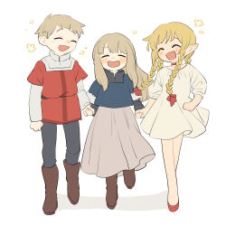 Rule 34 | 1boy, 2girls, :d, ^ ^, aged down, black pants, blonde hair, blue cloak, blunt bangs, blush stickers, boots, boy and girl sandwich, braid, brother and sister, brown footwear, choker, cloak, closed eyes, dress, dungeon meshi, falin touden, fur-trimmed sleeves, fur trim, grey dress, hair ribbon, happy, hashtag-only commentary, highres, holding hands, laios touden, light blush, light brown hair, long hair, marcille donato, multiple girls, nakkasu, nightgown, open mouth, pants, red choker, red ribbon, red shirt, ribbon, sandwiched, shirt, short hair, siblings, smile, white background, white nightgown, white shirt