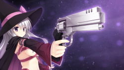 Rule 34 | 1girl, ayachi nene, breasts, cape, female focus, game cg, gun, hat, kobuichi, large breasts, long hair, looking away, muririn, navel, purple eyes, sanoba witch, serious, simple background, solo, standing, weapon, white hair, witch hat
