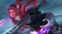 Rule 34 | 1girl, absurdres, black jacket, floating hair, from side, gloves, grin, hairband, highres, jacket, long hair, long sleeves, outdoors, outstretched hand, ponytail, projectile, punishing: gray raven, red eyes, red hair, smear frame, smile, sword, upper body, vera: garnet (punishing: gray raven), vera (punishing: gray raven), weapon, yukikitsune kuutachibana