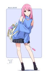 Rule 34 | 1girl, backpack, bag, bare shoulders, black footwear, blue background, blue shirt, blue skirt, boots, brown socks, closed mouth, clothing cutout, dated, highres, holding, long hair, looking at viewer, nii manabu, original, pink eyes, pink hair, pleated skirt, shirt, shoulder cutout, signature, skirt, smile, socks, solo, standing, two-tone background, white background, white bag