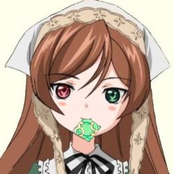Rule 34 | 1girl, blush, brown hair, condom, condom in mouth, female focus, heterochromia, lowres, mouth hold, rozen maiden, solo, suiseiseki, upper body