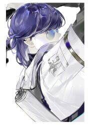 Rule 34 | 1girl, andreana (arknights), andreana (silent arrow) (arknights), arknights, arm up, black jacket, blue-tinted eyewear, blue eyes, blue hair, blue jacket, border, commentary request, earpiece, from behind, glasses, highres, huang huo liaoyuan, jacket, long sleeves, medium hair, multicolored clothes, multicolored jacket, official alternate costume, round eyewear, sketch, solo, tinted eyewear, two-tone jacket, upper body, white border, white jacket