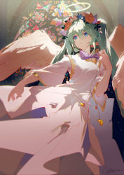 Rule 34 | 1girl, angel, angel wings, blue eyes, blurry, blurry background, bow, breasts, brown flower, closed mouth, commentary request, dated, depth of field, dress, feathered wings, flower, green hair, hair between eyes, hair flower, hair ornament, hako (misheyes), halo, hand up, hatsune miku, highres, long hair, long sleeves, looking away, looking to the side, purple bow, purple flower, signature, small breasts, solo, stained glass, twintails, very long hair, vocaloid, white dress, white wings, wide sleeves, wings
