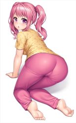 Rule 34 | 1girl, :o, all fours, ass, bang dream!, barefoot, blouse, blush, breasts, commentary request, feet, full body, lambda (kusowarota), long hair, maruyama aya, medium breasts, open mouth, pants, pantylines, pink eyes, pink hair, pink pants, polka dot, polka dot shirt, shirt, short sleeves, sidelocks, simple background, soles, solo, symbol-shaped pupils, toes, track pants, trefoil, twintails, white background, yellow shirt