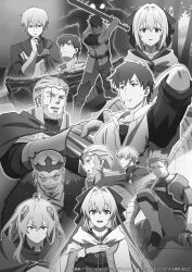 2girls 5boys deridas_(ore_wa_subete_wo_parry_suru) gilbert_(ore_wa_subete_wo_parry_suru) greyscale handshake highres holding holding_weapon ines_(ore_wa_subete_wo_parry_suru) king_clays lynneburg_clays monochrome multiple_boys multiple_girls noor official_art ore_wa_subete_wo_parry_suru rein_(ore_wa_subete_wo_parry_suru) weapon