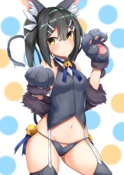 Rule 34 | 1girl, animal ears, animal hands, bell, black hair, black panties, blue ribbon, blush, brown eyes, cat ears, cat tail, closed mouth, collar, commentary request, contrapposto, cowboy shot, cropped vest, dangeroes beast (miyu), detached collar, fake animal ears, fang, fate/kaleid liner prisma illya, fate (series), garter straps, gloves, grey gloves, grey thighhighs, hair ornament, hair ribbon, hairclip, highres, light blush, looking away, lowleg, miyu edelfelt, nanakaku, navel, neck bell, neck ribbon, one side up, panties, paw gloves, paw pose, polka dot, polka dot background, ribbon, short hair, sidelocks, sleeveless, solo, standing, tail, thighhighs, underwear, vest, yellow eyes