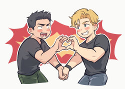 Rule 34 | 2boys, ao isami, black hair, black shirt, blonde hair, blue pants, blush stickers, couple, cropped legs, explosion, facial hair, green eyes, green pants, grin, heart hands failure, highres, holding hands, lewis smith, looking at another, male focus, multiple boys, pants, shirt, short hair, short sleeves, sideburns stubble, smile, stubble, wasted m9, watch, white background, wristwatch, yaoi, yuuki bakuhatsu bang bravern