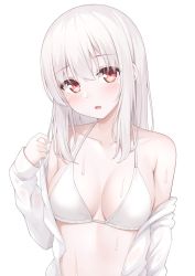 Rule 34 | 1girl, bare shoulders, bikini, breasts, cleavage, collarbone, halterneck, halterneck, hand up, highres, jacket, karutamo, large breasts, long hair, long sleeves, looking at viewer, off shoulder, open clothes, open jacket, open mouth, original, pale skin, red eyes, simple background, solo, stomach, string bikini, swimsuit, tisshu (karutamo), upper body, wet, white background, white bikini, white hair, white jacket