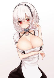Rule 34 | 1girl, absurdres, anchor, apron, azur lane, black dress, blush, breast hold, breasts, choker, cleavage, closed mouth, collarbone, commentary request, dress, gradient background, hairband, hand up, highres, lace trim, large breasts, looking at viewer, maid, maid apron, osisio, red eyes, short sleeves, sidelocks, sirius (azur lane), solo, upper body, white background, white hair