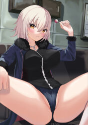 Rule 34 | 1girl, absurdres, ass, black dress, blue coat, blue panties, breasts, cameltoe, candy, cleft of venus, coat, collarbone, dress, fate/grand order, fate (series), food, fur-trimmed coat, fur trim, grey hair, highres, jeanne d&#039;arc alter (fate), jeanne d&#039;arc alter (ver. shinjuku 1999) (fate), jewelry, large breasts, lollipop, long sleeves, looking at viewer, necklace, nikuromuline, open clothes, open coat, panties, short dress, short hair, solo, spread legs, thighs, underwear, yellow eyes