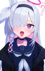 Rule 34 | 1girl, ?, black coat, black hairband, black sailor collar, black shirt, blue archive, blush, braid, coat, colored inner hair, commentary, grey hair, h.yasai, hair over one eye, hair ribbon, hairband, halo, highres, long bangs, looking at viewer, multicolored hair, neckerchief, open clothes, open coat, open mouth, pink hair, pink halo, plana (blue archive), ribbon, sailor collar, sailor shirt, shirt, side braid, simple background, single braid, solo, teeth, tongue, tongue out, two-tone hair, upper body, upper teeth only, white background, white neckerchief, white ribbon