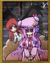 Rule 34 | 2girls, bags under eyes, bow, capelet, chamaji, colored sclera, crescent, crescent hair ornament, fang, hair bow, hair ornament, hands on own face, hat, head wings, highres, koakuma, long hair, long sleeves, mob cap, multiple girls, patchouli knowledge, purple eyes, purple hair, red eyes, red hair, red sclera, shaded face, smile, touhou, wings