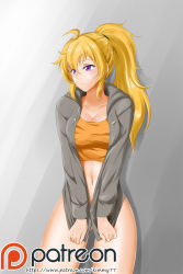 Rule 34 | 1girl, :|, ahoge, blush, bottomless, breasts, cleavage, closed mouth, clothes pull, cowboy shot, drawstring, gluteal fold, grey background, high ponytail, highres, hood, hoodie, kimmy77, large breasts, long hair, looking away, midriff, navel, patreon logo, ponytail, purple eyes, rwby, solo, tank top, thighs, watermark, web address, yang xiao long, zipper, zipper pull tab