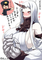 Rule 34 | &gt; &lt;, 10s, 1boy, 1girl, abyssal ship, admiral (kancolle), bare shoulders, blush, breasts, claws, detached sleeves, closed eyes, highres, horns, huge breasts, kantai collection, kloah, little boy admiral (kancolle), long hair, red eyes, seaport princess, short hair, sideboob, silver hair, simple background, single horn, translation request, twitter username, white background