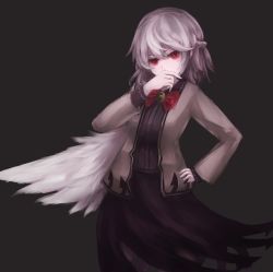 Rule 34 | 1girl, absurdres, adapted costume, bad id, bad pixiv id, black background, bow, braid, breasts, brooch, brown jacket, covered mouth, covering own mouth, french braid, hair between eyes, hand on own hip, hand over own mouth, head tilt, highres, jacket, jewelry, kishin sagume, long sleeves, looking at viewer, purple legwear, purple shirt, purple skirt, red eyes, shirt, short hair, silver hair, simple background, single wing, skirt, solo, thkani, touhou, white wings, wings