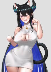 Rule 34 | 1girl, animal ears, asymmetrical horns, black hair, blue hair, breasts, cat cutout, cat ears, cat girl, cat tail, cipher4109, cleavage cutout, clothing cutout, colored inner hair, demon girl, demon horns, dress, hair ornament, highres, hololive, hololive english, horns, kemonomimi mode, large breasts, long hair, looking at viewer, mole, mole under eye, multicolored hair, nerissa ravencroft, paw pose, smile, solo, tail, two-tone hair, uneven horns, virtual youtuber, white dress