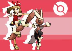 Rule 34 | 10s, 1990s (style), 1girl, animal ears, animal nose, bike shorts, bike shorts under shorts, blue eyes, brown hair, creatures (company), fanny pack, fighting stance, game freak, gen 4 pokemon, hairband, long hair, lopunny, mabu (dorisuto), martial arts, may (pokemon), may (pokemon oras), mega lopunny, mega pokemon, nintendo, open mouth, outstretched arm, pink eyes, poke ball symbol, pokemon, pokemon (creature), pokemon oras, pokemon rgby, rabbit ears, retro artstyle, ribbon, shoes, short shorts, shorts, sneakers, standing, standing on one leg, vest