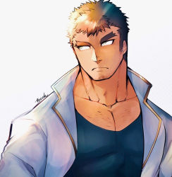 Rule 34 | 1boy, alternate eye color, bara, black tank top, brown hair, chest hair, facial hair, goatee, jacket, long sideburns, looking to the side, male focus, mature male, muscular, muscular male, open clothes, open jacket, pectoral cleavage, pectorals, short hair, sideburns, solo, stubble, sunlight, takabushi kengo, tank top, thick eyebrows, tokyo houkago summoners, touoh, upper body, yellow eyes
