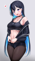 Rule 34 | 1girl, absurdres, bare shoulders, black hair, black jacket, black shorts, blue hair, breasts, brown pantyhose, choker, cleavage, colored inner hair, cowboy shot, earrings, grey background, heart, highres, jacket, jewelry, large breasts, long hair, multicolored hair, navel piercing, off shoulder, open mouth, original, pantyhose, piercing, purple eyes, shorts, simple background, speech bubble, sports bra, stomach, sweat, tattoo, tem10, toned, tongue, tongue out, tongue piercing, two-tone hair, wet