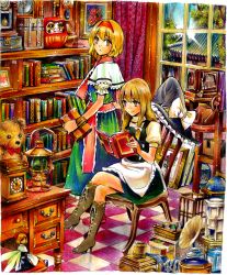 Rule 34 | 2girls, alice margatroid, alternate eye color, apron, bellows camera, blonde hair, blue dress, book, bookshelf, boots, box, braid, building, buttons, camera, can, capelet, chain, chair, checkered floor, clock, cross-laced footwear, crossed legs, cupboard, curtains, daruma doll, desk, doll, dress, female focus, floor, frills, globe, hair ribbon, hairband, hat, unworn hat, hat ribbon, unworn headwear, high heels, highres, holding, kerosene lamp, kirisame marisa, lace, lantern, looking back, multiple girls, nobita (makoto7060355), open book, open mouth, paper lantern, pectorals, phonograph, pot, projector, puffy sleeves, reading, ribbon, room, sash, sewing machine, shanghai doll, shoes, short hair, side braid, single braid, sitting, smile, standing, stuffed animal, stuffed toy, teddy bear, thread, touhou, traditional media, tree, vase, waist apron, window, witch, witch hat, wristband, yellow eyes