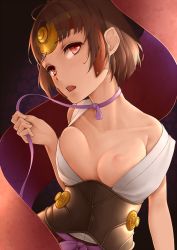 Rule 34 | 10s, 1girl, bad id, bad pixiv id, bare shoulders, breasts, brown hair, choker, collarbone, corset, eyebrows, eyelashes, floral background, head tilt, headpiece, highres, japanese clothes, kep (ahokep), koutetsujou no kabaneri, looking to the side, mumei (kabaneri), nipples, off shoulder, one breast out, open mouth, purple ribbon, red eyes, ribbon, ribbon choker, short hair, sleeveless, solo, transparent, unaligned breasts, untying, upper body