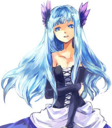 Rule 34 | 1girl, akr et, arm hug, bad id, bad pixiv id, bare shoulders, blue eyes, blue hair, blunt bangs, breasts, cleavage, corset, detached sleeves, dress, gwendolyn (odin sphere), hair down, hair ornament, long hair, matching hair/eyes, medium breasts, odin sphere, open mouth, simple background, solo, strapless, strapless dress