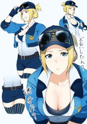 Rule 34 | 1girl, absurdres, baseball cap, belt, blonde hair, blue eyes, blue thighhighs, blush, breasts, capcom, cleavage, closed mouth, collarbone, curvy, eyewear on head, final fight, final fight tough, fingerless gloves, gloves, hat, highres, large breasts, looking at viewer, lucia morgan, multiple views, police, ponytail, purinnssu, short hair, short shorts, shorts, simple background, smile, standing, street fighter, street fighter v, striped clothes, striped thighhighs, sunglasses, sweat, sweatdrop, thighhighs, thighs, vertical-striped clothes, vertical-striped thighhighs, white background