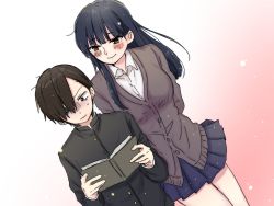 Rule 34 | 1boy, 1girl, arms behind back, black hair, blue eyes, blue skirt, blush, boku no kokoro no yabai yatsu, book, brown eyes, brown hair, closed mouth, height difference, highres, holding, holding book, long hair, looking at another, nervous, open book, ponta no monja, reading, school uniform, skirt, smile, sweat, uniform