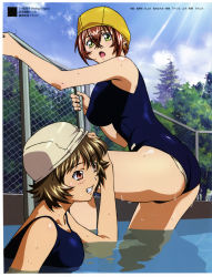 Rule 34 | 00s, 2girls, absurdres, ass, bare legs, blush, breasts, brown hair, chouhi ekitoku, female focus, green eyes, grin, highres, ikkitousen, large breasts, legs, looking at viewer, multiple girls, official art, one-piece swimsuit, open mouth, red eyes, ryuubi gentoku, scan, short hair, smile, swimming, swimsuit, uniform, water